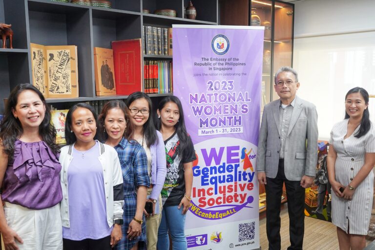 Some of the participants in the National Women's Month Photo Contest pose for a photo with Ambassador Medardo G. Macaraig (2nd from right), Third Secretary and Vice Consul Jhullie Anne A. Beniahan, GAD Focal Person and head of ATN Section (rightmost) and Welfare Officer Ms. Marivic Clarin (leftmost).