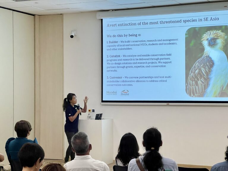 Dr. Jessica Lee, Mandai’s Head of Avian Programmes and Partnerships, presenting conservation programs in the Philippines at the Bird Paradise Learning Center